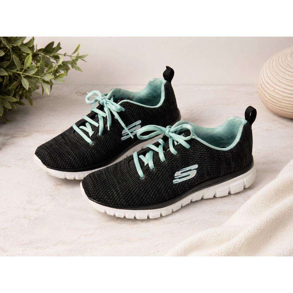 Skechers Graceful Get Connected Womens 7.5 Black‎ Mint Memory Foam Walking Shoes